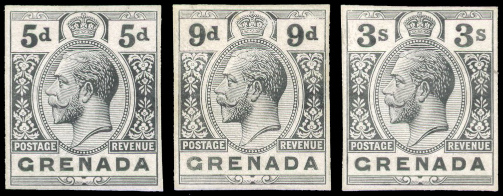 Grenada 1921-31 5d, 9d, 3s stamp-size die proofs