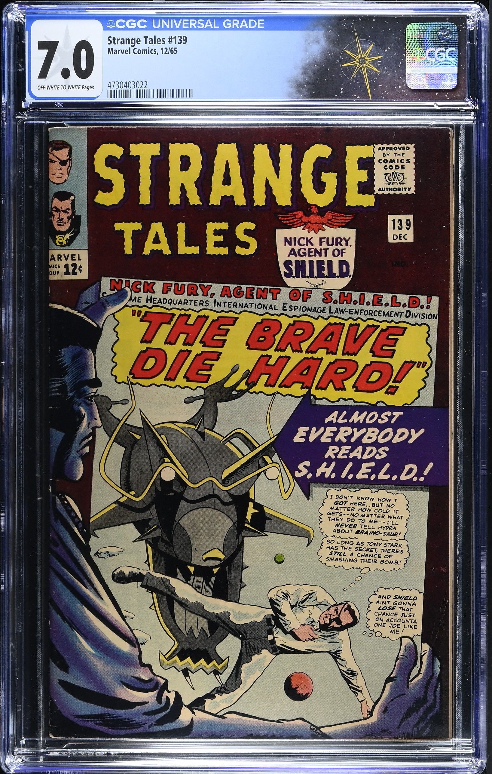 Strange Tales #139 CGC 7.0 "The Brave Die Hard" &"Beware Dormammu is Watching!"(Marvel Comics, 1965) Off-White to White Pages