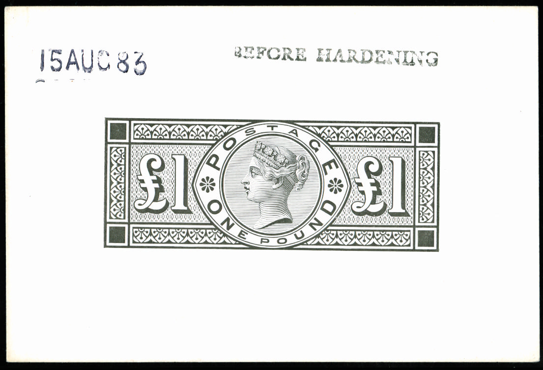 Great Britain 1883 £1 Die proof. Very fine example printed in black on white glazed card (92 x 61mm), endorsed "BE…