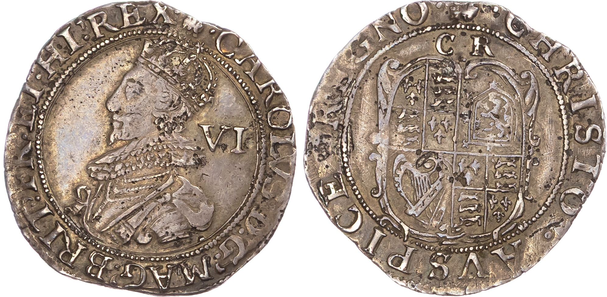 Charles I (1625-1649) AR sixpence 3gm., mm plumes (1630-1) Tower Mint group C, type 2a, bust 3.
