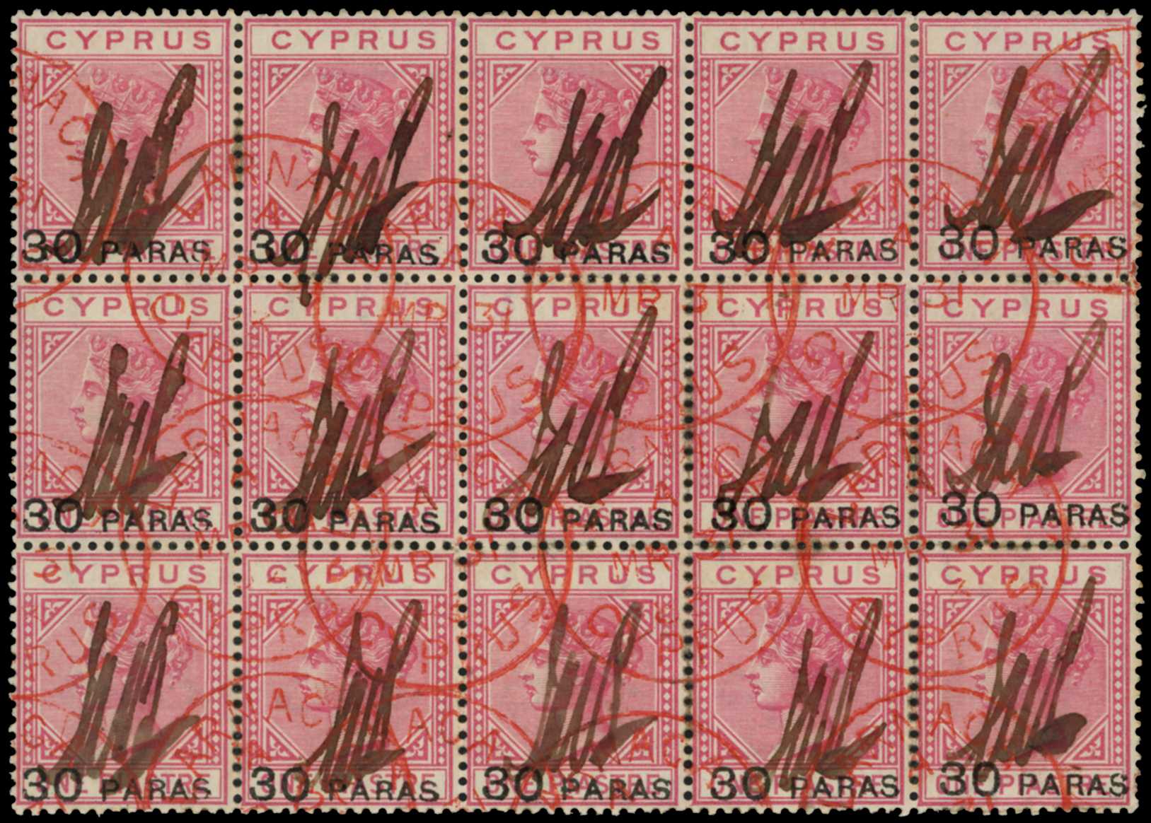 Cyprus 1882 "30 PARAS" on 1pi rose, block of 15, Used, SG 24.