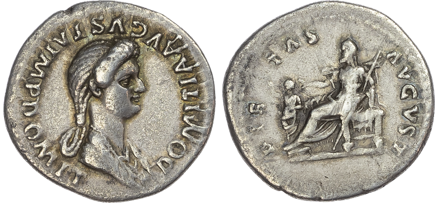 Domitia (Wife of Domitian) AR Denarius, Rome, AD 82-96, 3.28g. 