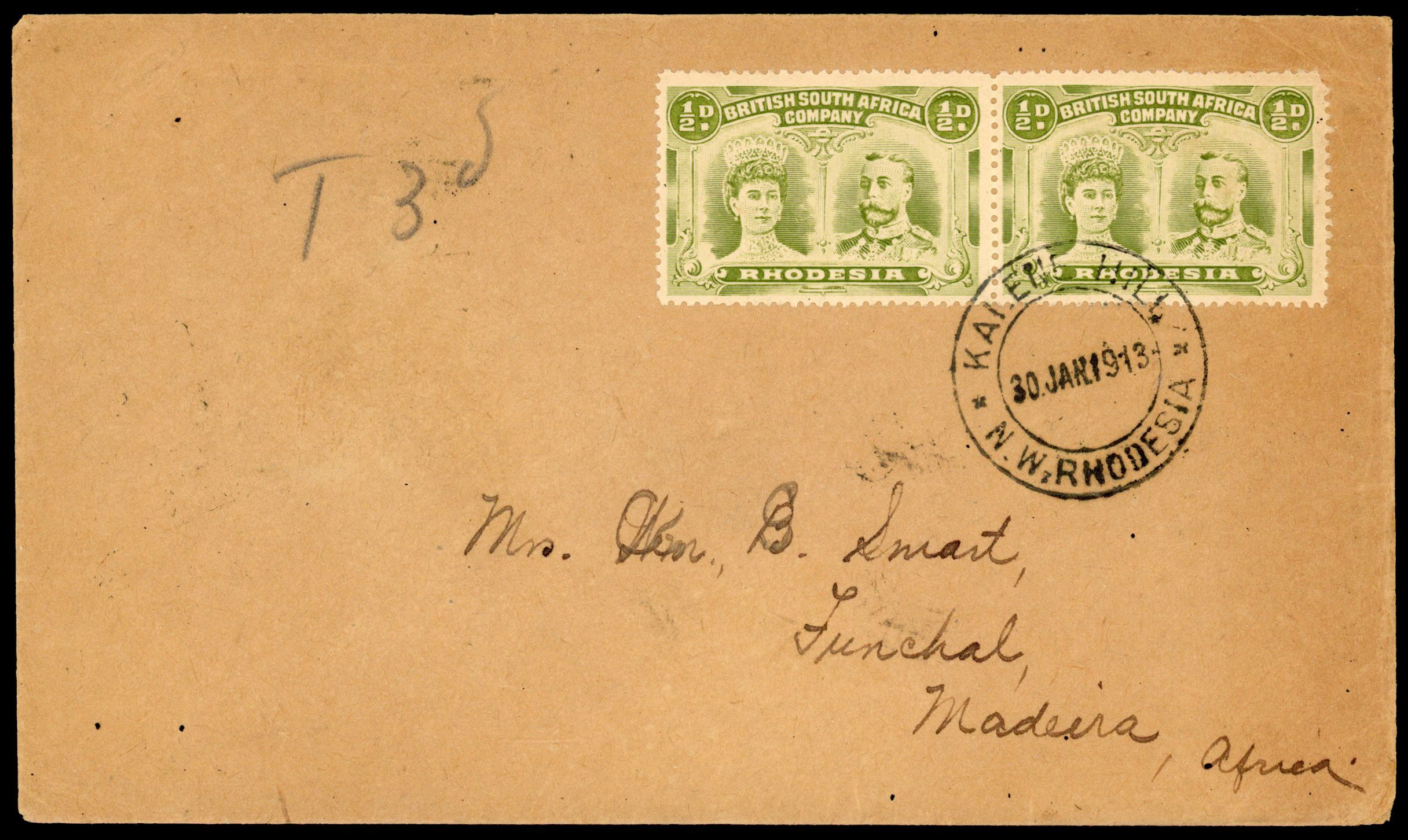 Rhodesia 1913 cover from Kalene Hill to Madeira