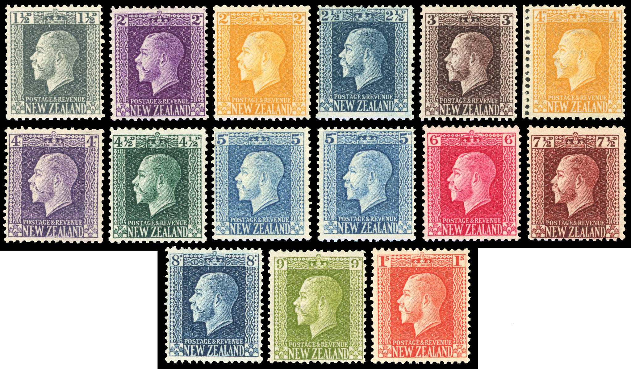 New Zealand 1915-30 1½d to 1s perf 14x14½