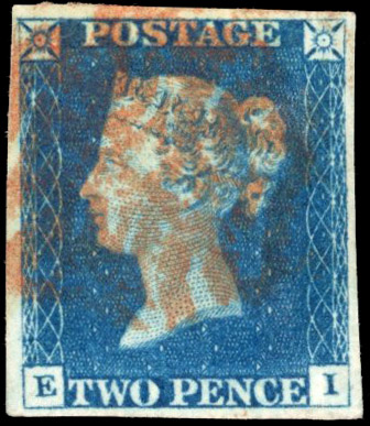 GB 1840 2d blue, plate 1 (EI), good to large margins, cancelled by orange red Maltese cross