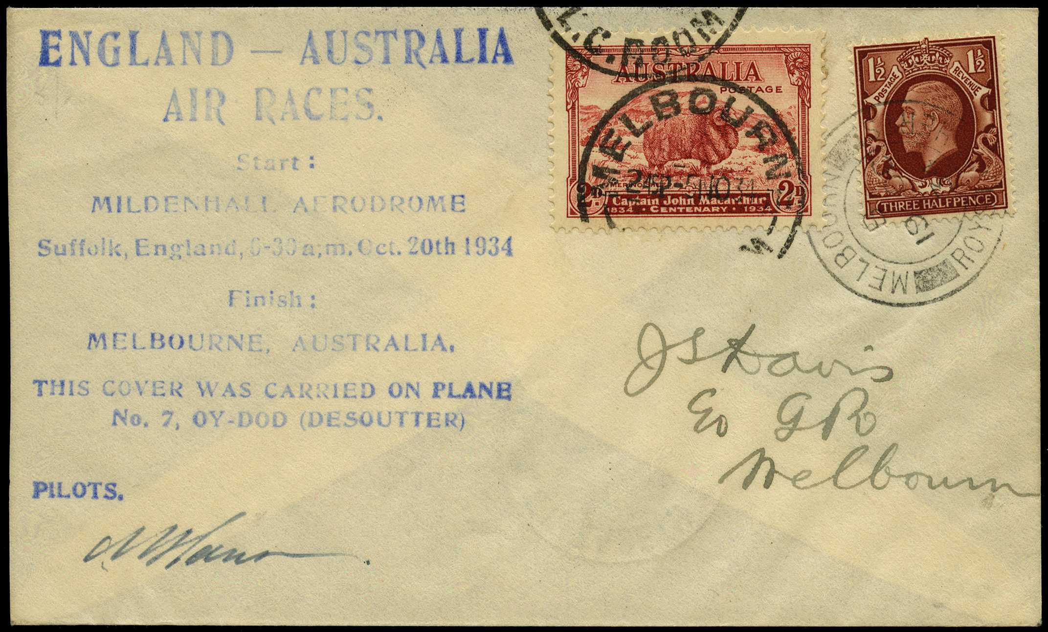 AUSTRALIAN FLIGHT COVERS: 1934 MacRobertson...