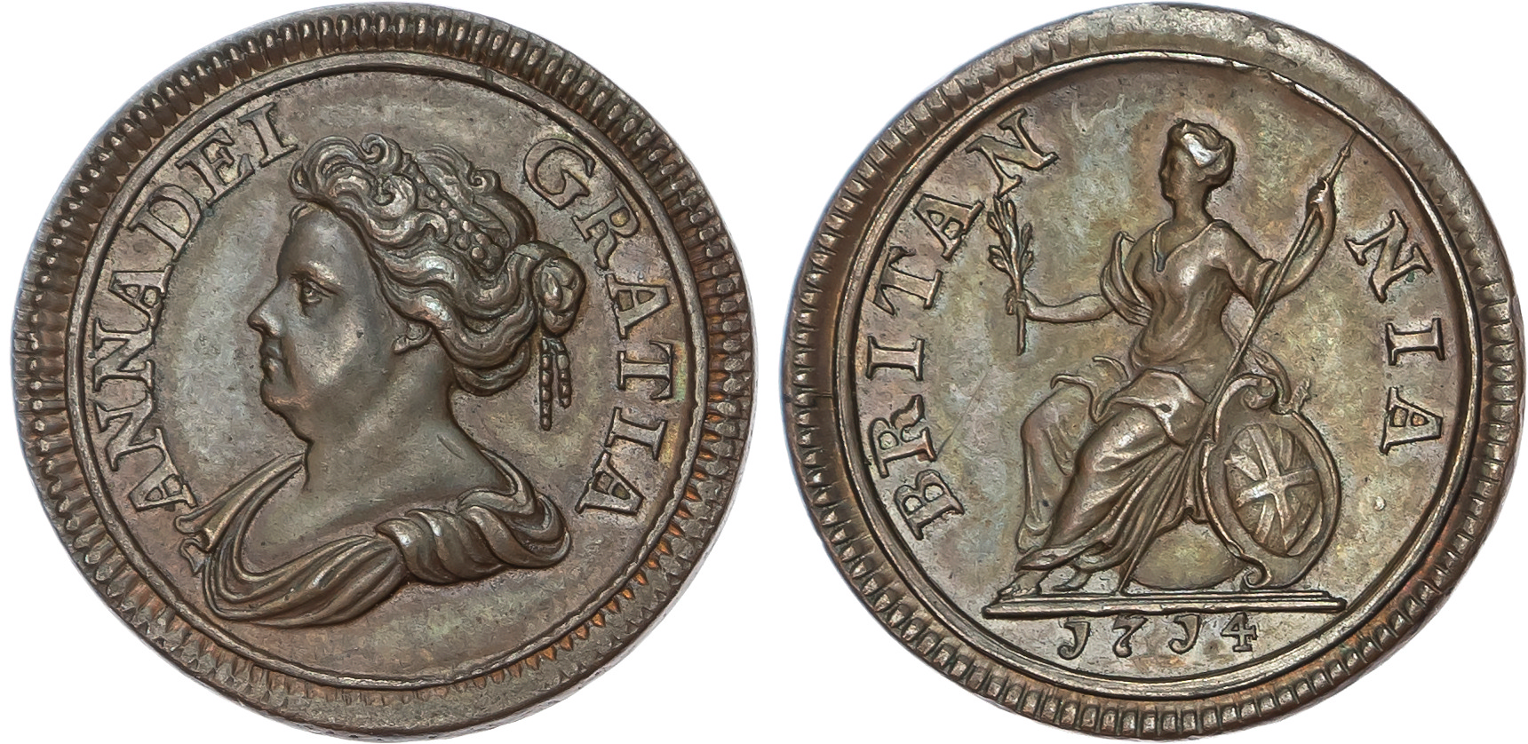 Anne (1702-1714) Pattern Farthing, 1714, struck in copper on a larger thinner 23.5mm flan.