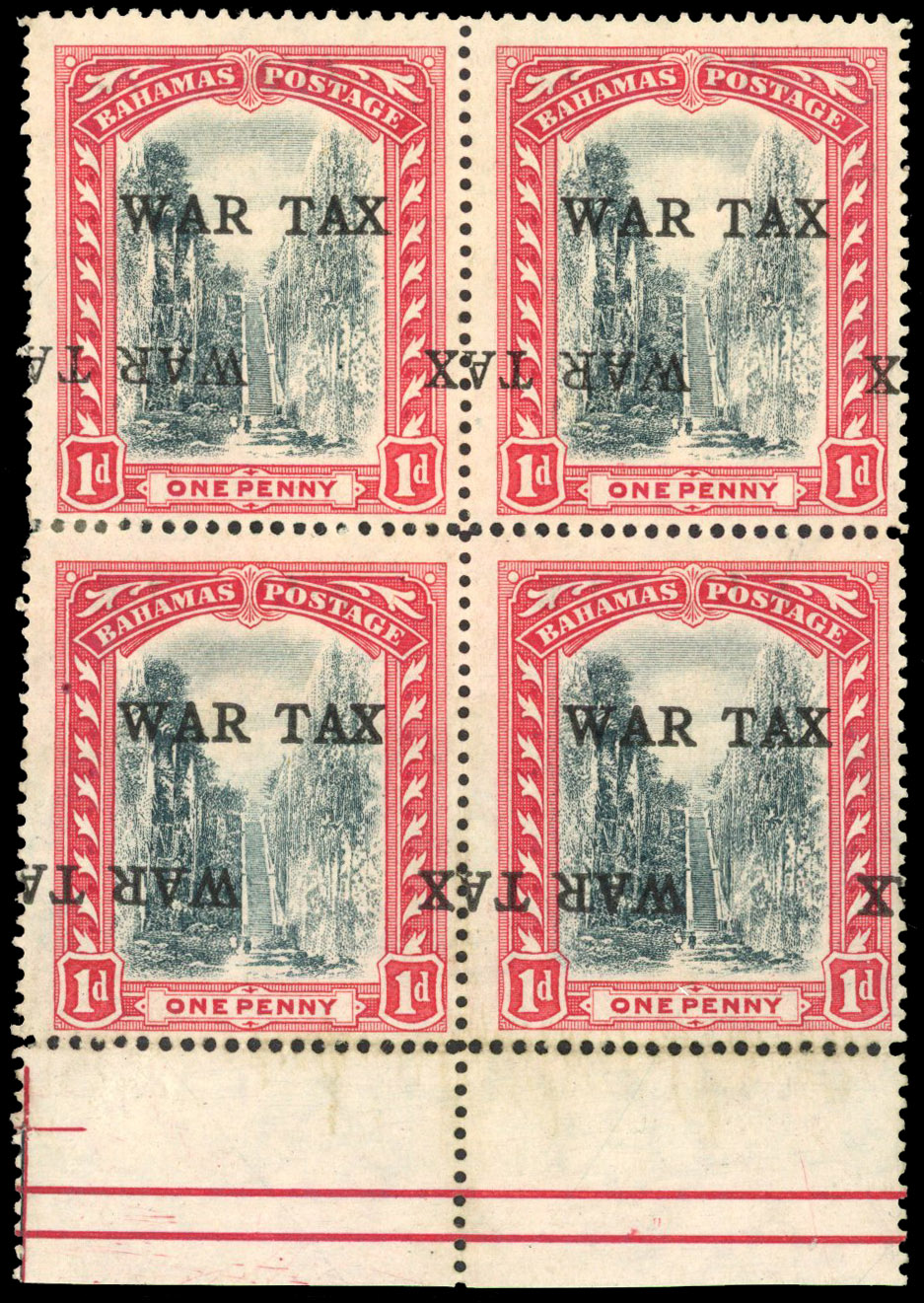 Bahamas 1918 War Tax 1d block of 4 error overprint double one inverted