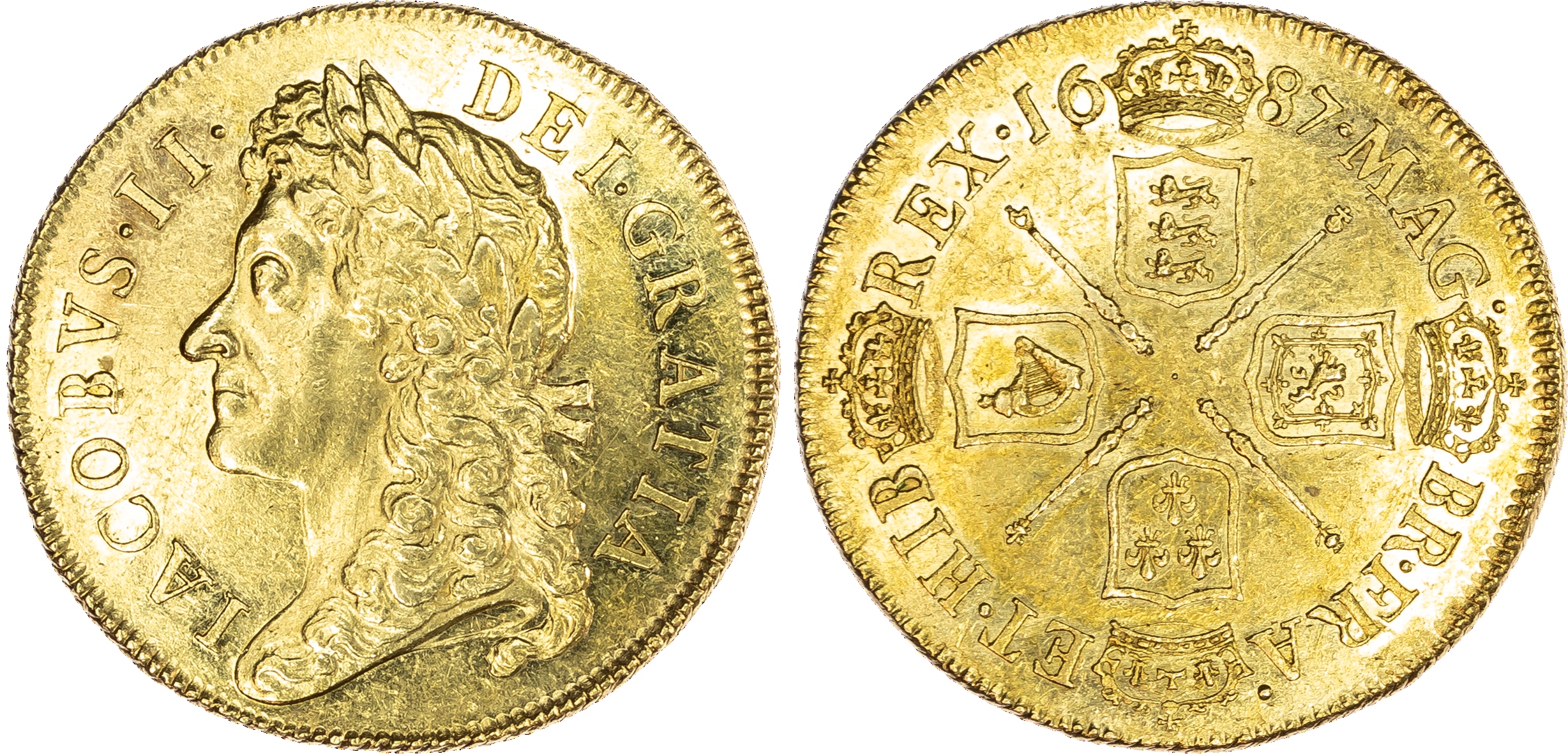 James II (1685-88), Two Guineas, 1687, laureate head left, latin legend and toothed border surrounding, IACOBVS II DEI