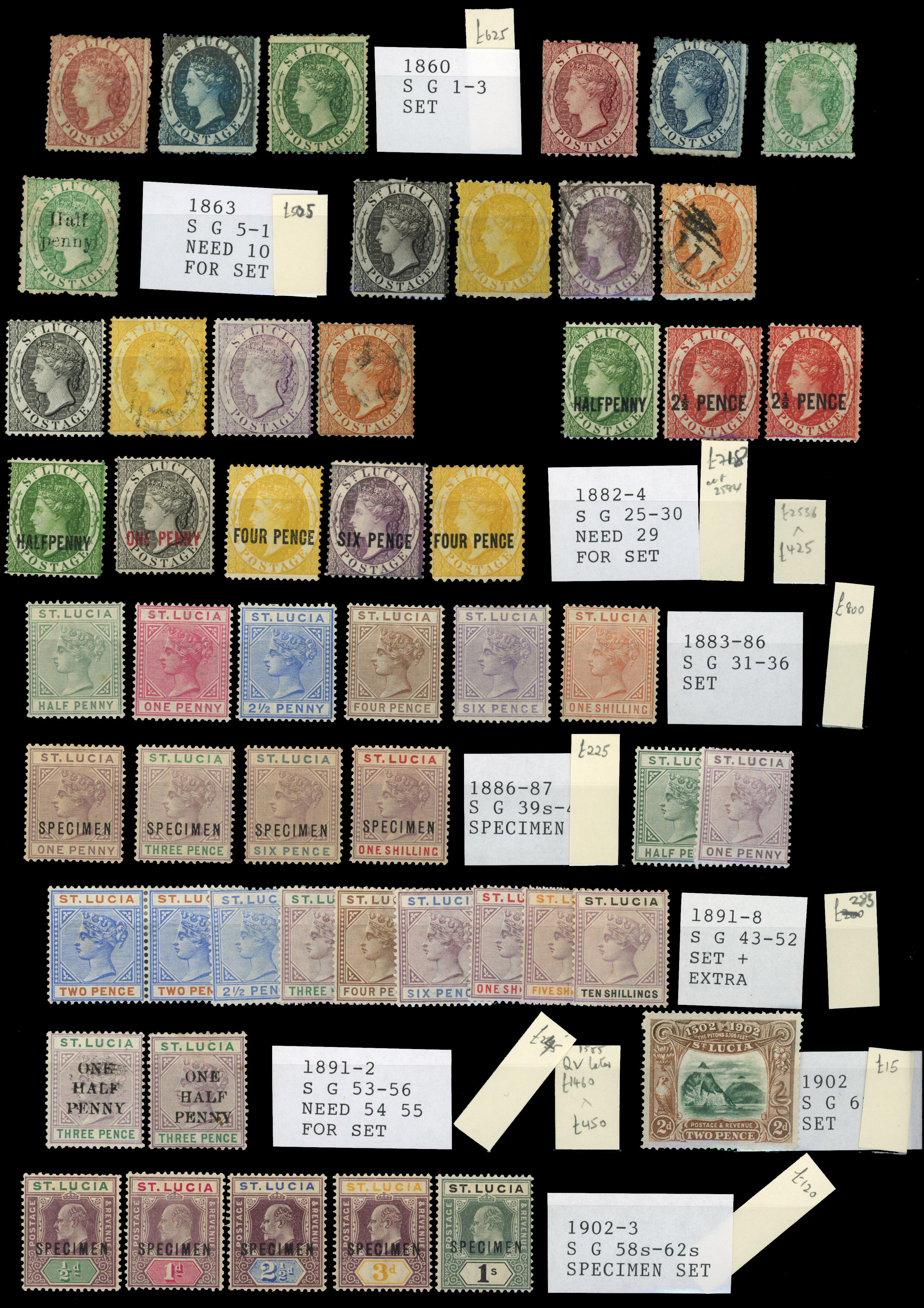 ST LUCIA: Mint and used on cards 1860 to (6d) two sets, 1863 to (6d) and ½don (6d), mint 1882 to 6d, 1883 to 1s, 1886