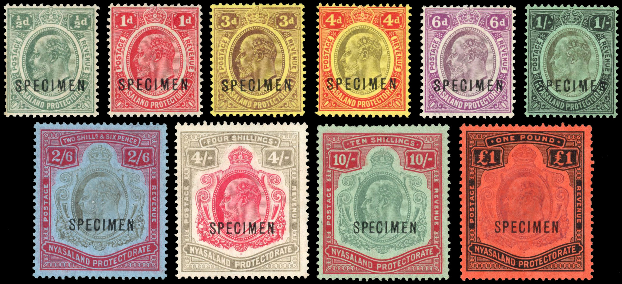 Nyasaland SG 72s-81s 1908 set Specimens, low values broken 'M'
