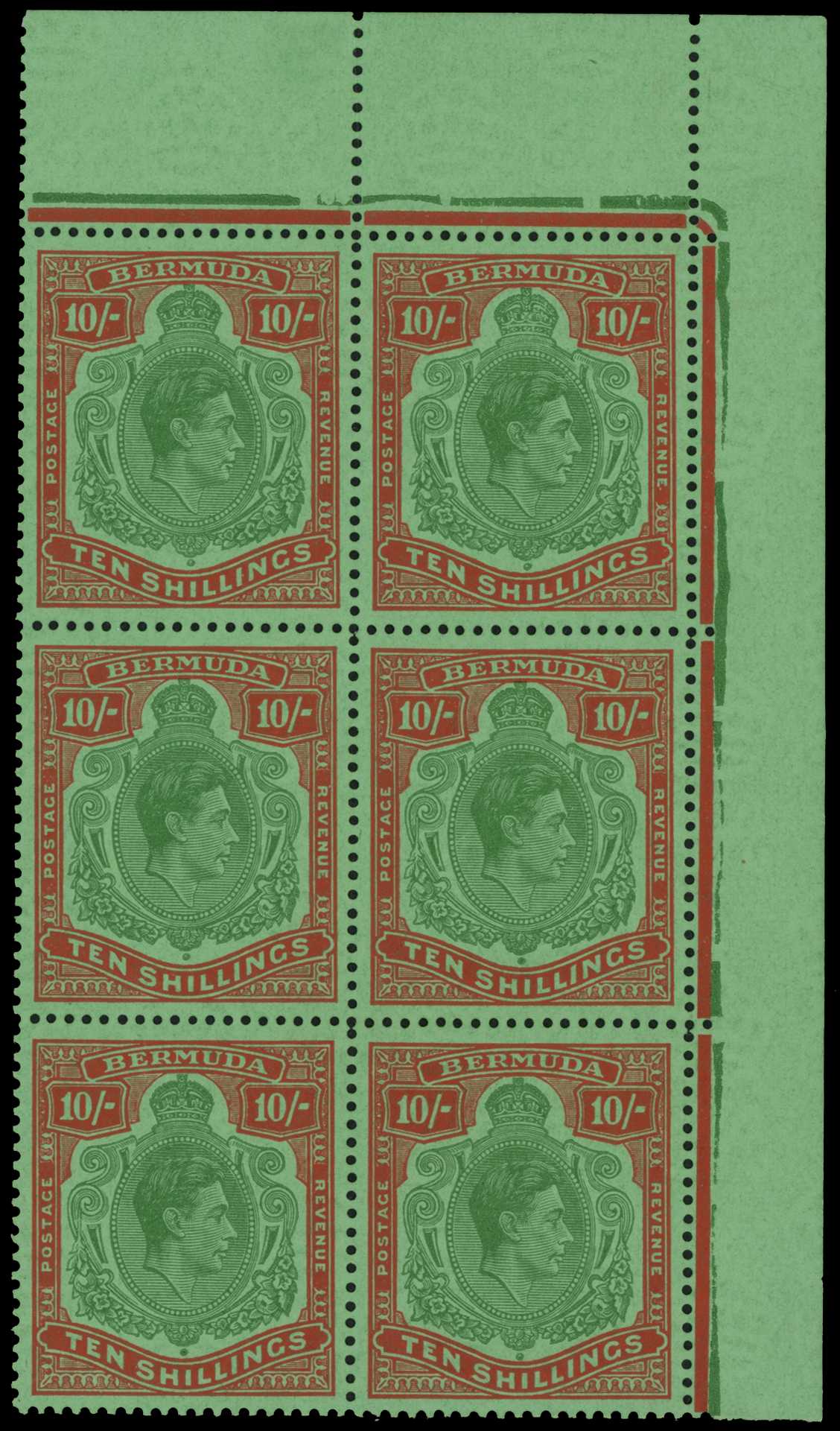 1953 10/- green and dull red on green paper,...