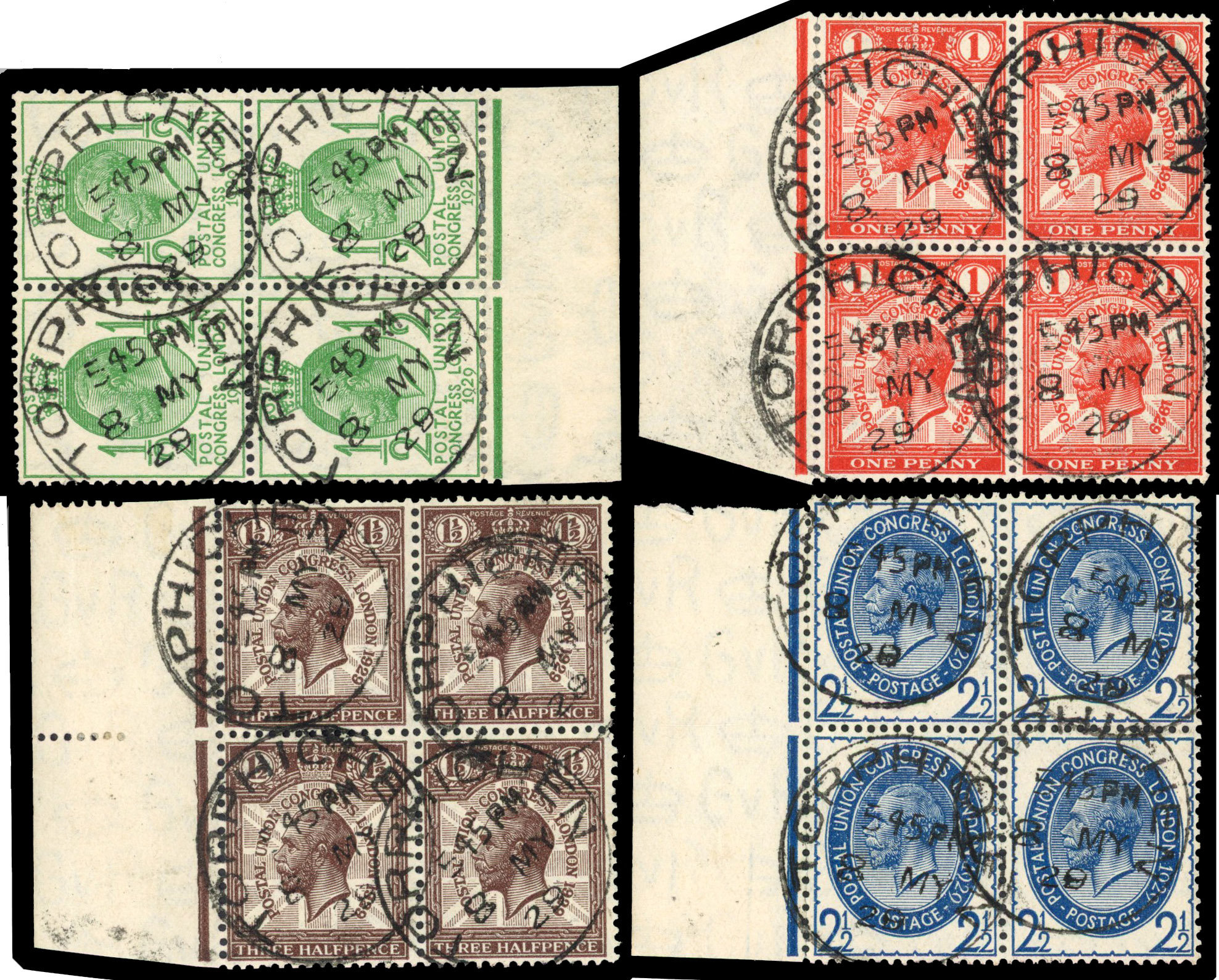 1929 ½d-2½d Postal Union Congress. Used set four in blocks. Pre-release.