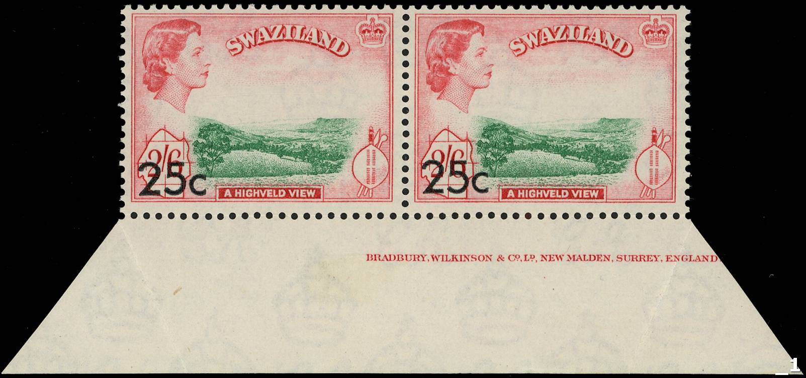 Swaziland: 1961 25c on 2s6d emerald and carmine-red, Type II overprint (bottom left), bottom marginal, part imprint,...