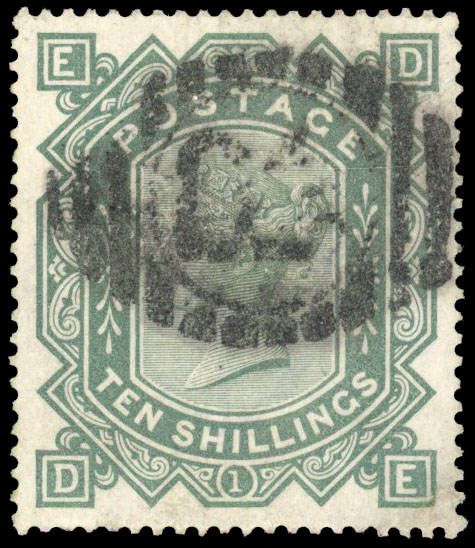 1867-83 10s greenish grey Pl. 1 (Wmk. Large Anchor), SG 135