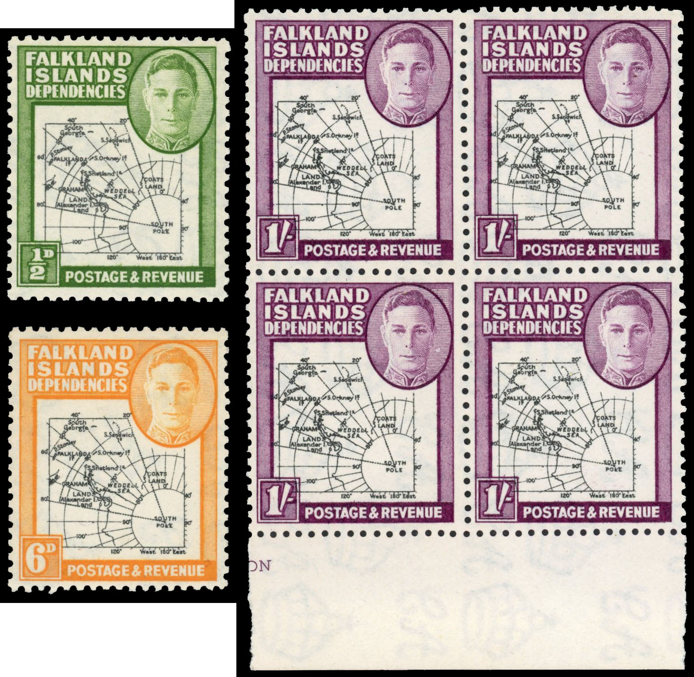FID 1946 Thick Map ½d, 6d, 1s, R.6/8 SOUTH POKE variety, SG 1c, 6c, 8c