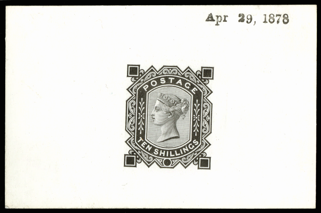 Great Britain 1878 10s Die proof. Very fine example printed in black on white glazed card (91 x 60mm) dated at upp…