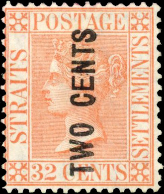 MALAYA - STRAITS 1883 SG 60 2c on 32c surcharge Type 'f' mint