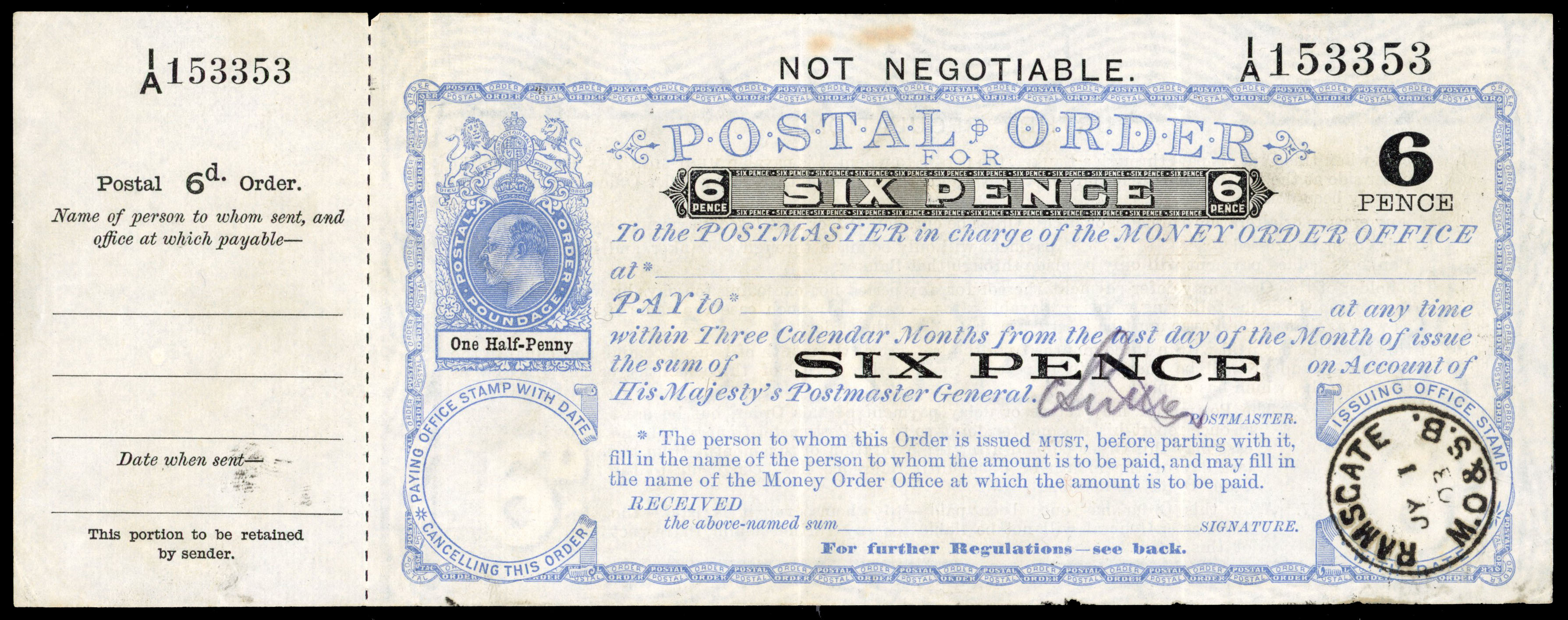 KEVII 1903 6d Poundage ½d, blue and black, cancelled on the first day of issue