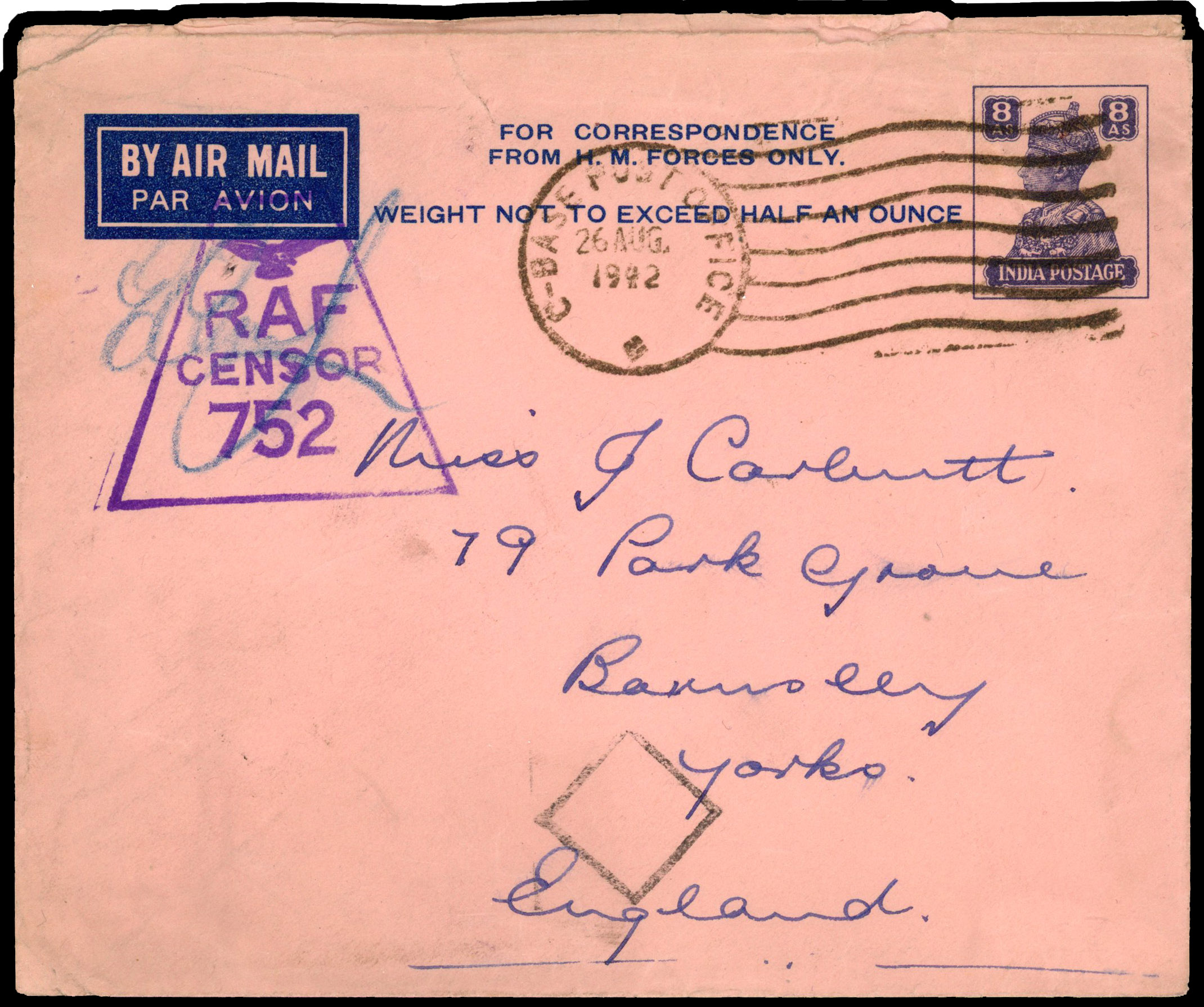 Bahrain 1942 use of India HM Forces airletter form