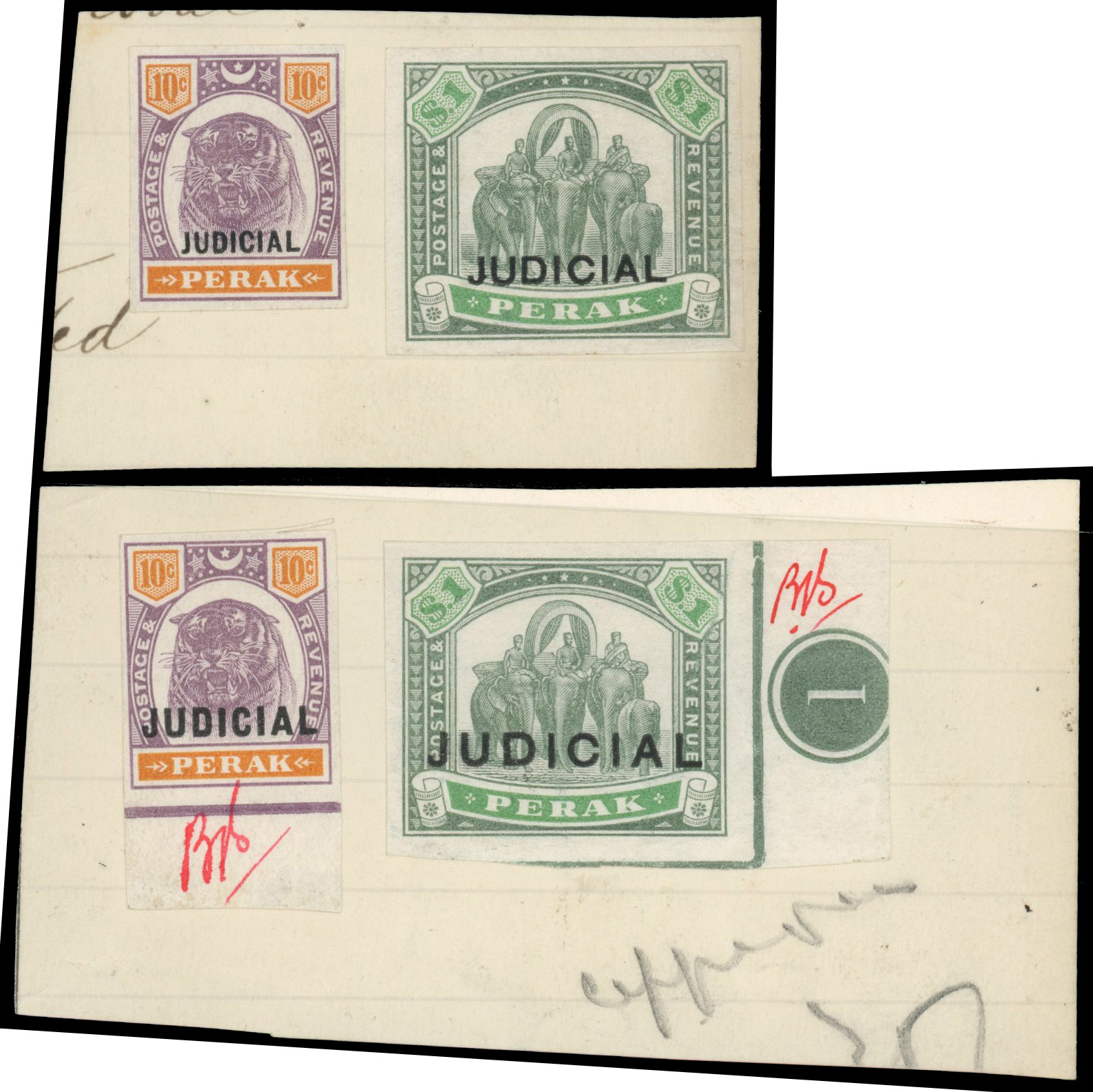 Perak Judicial 1897-1902 10c and $1 overprint essays imperforate