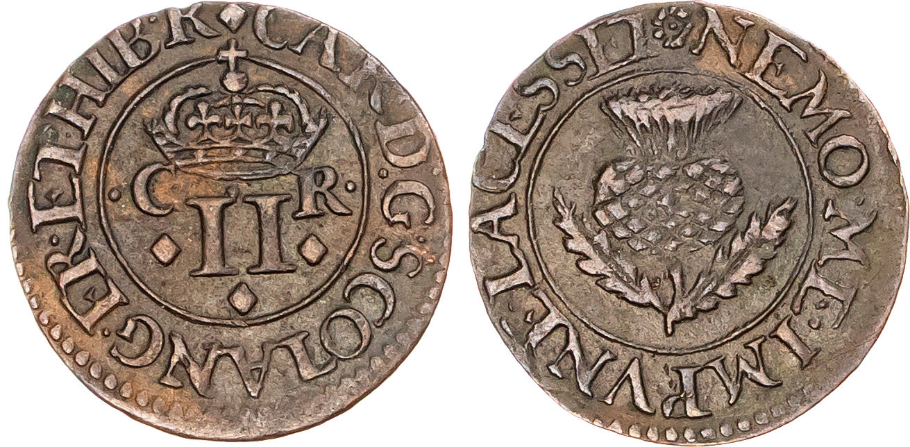 Scotland, Charles I (1625-1649), AE Twopence or Turner, Earl of Stirling Coinage (1632-39), mm. lozenge/rosette. 