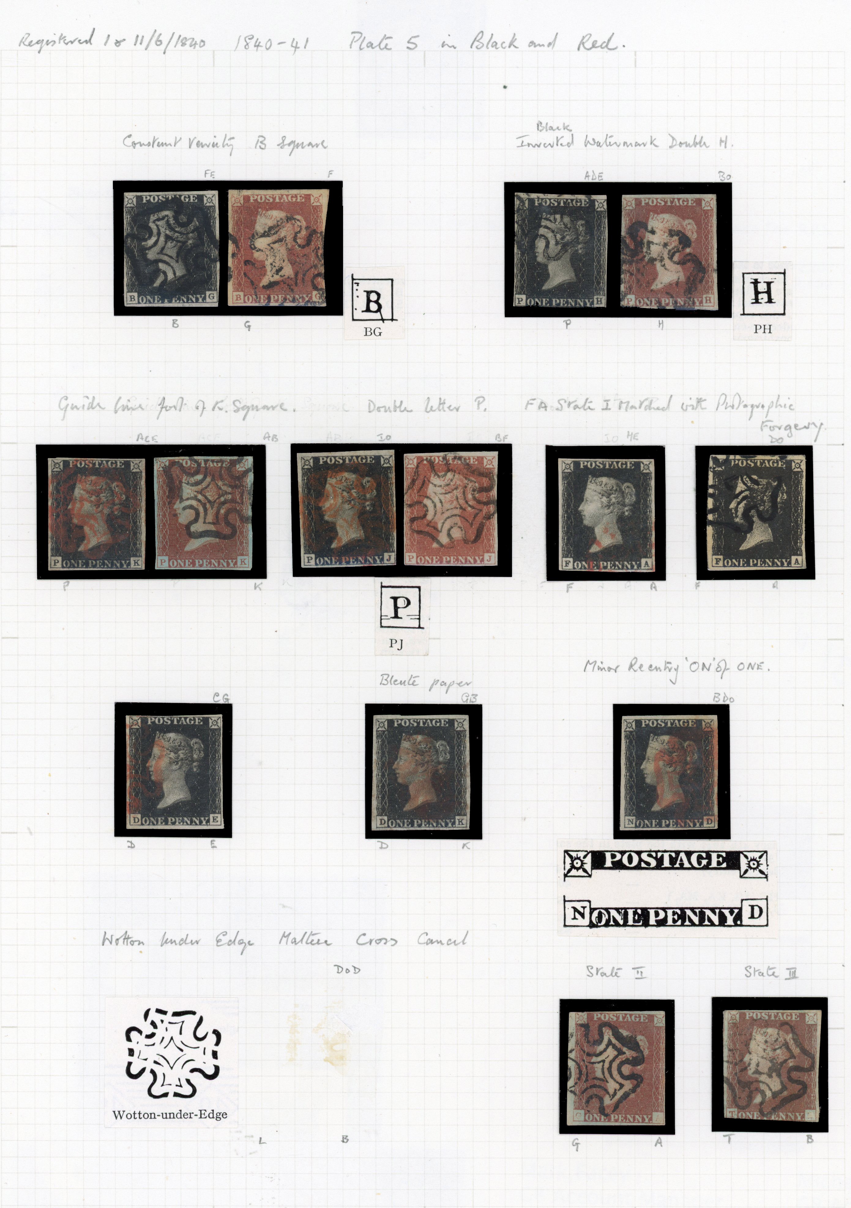 1840 1d Black Pl.5. Interesting group of fifteen used adhesives