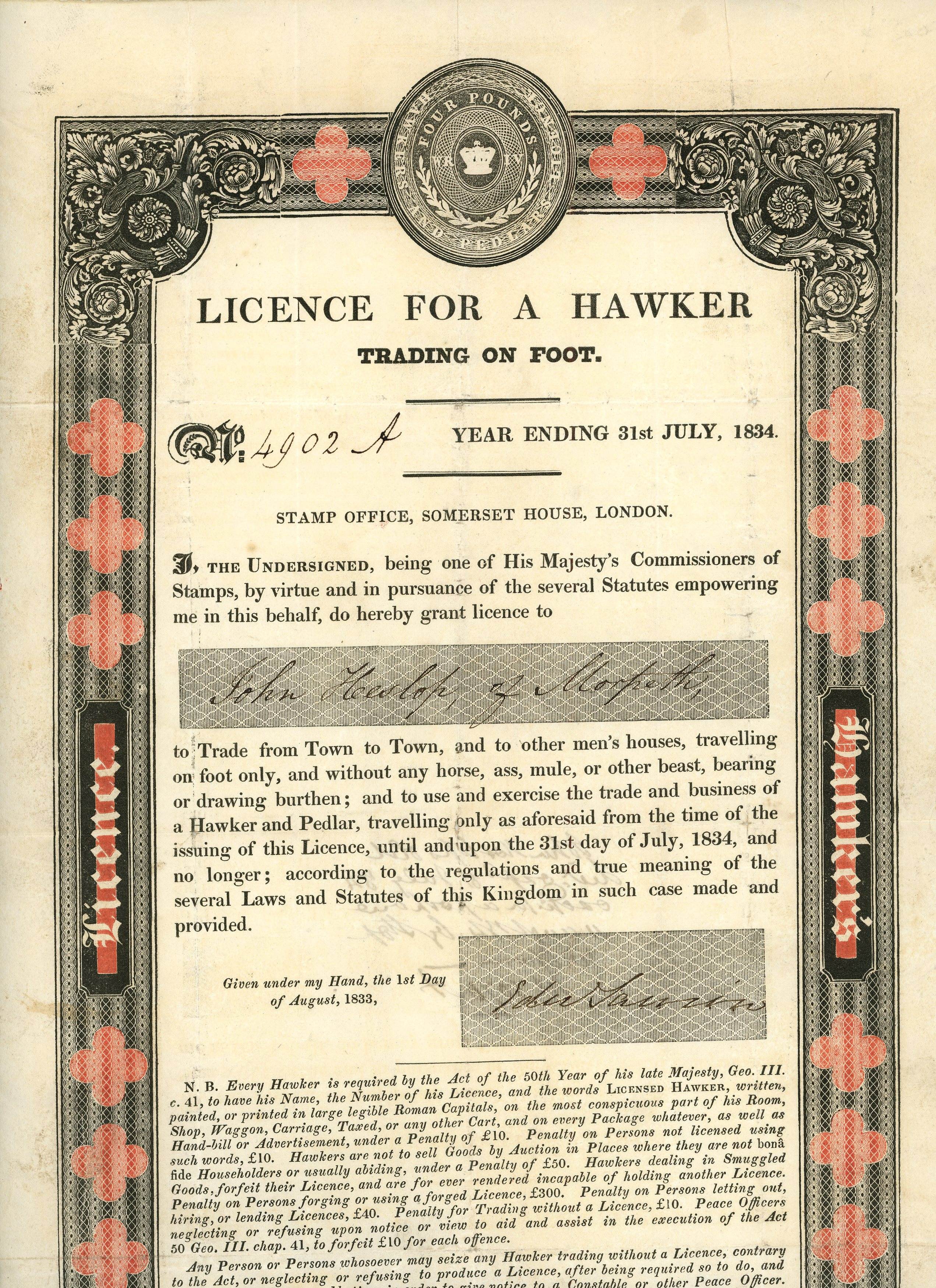 1833 £4 Licence for a Hawker Printed by Congreve