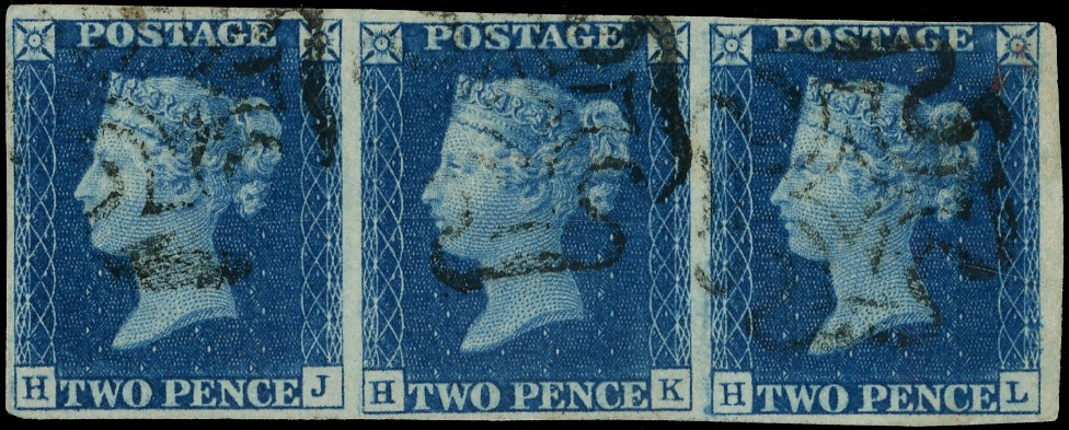 GB: 1840 2d blue plate 2 close to four margin horizontal strip of 3 (HJ-HL), neatly cancelled by black MCs....