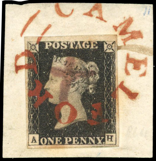 1840 1d black, Plate 4 (AH) cancelled by Camelford undated town postmark and pen cancellation Spec. AS23xb