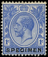 1921 1c in blue, overprinted SPECIMEN Type D16, ungummed and on unwatermarked paper.  A colour trial or possibly a...