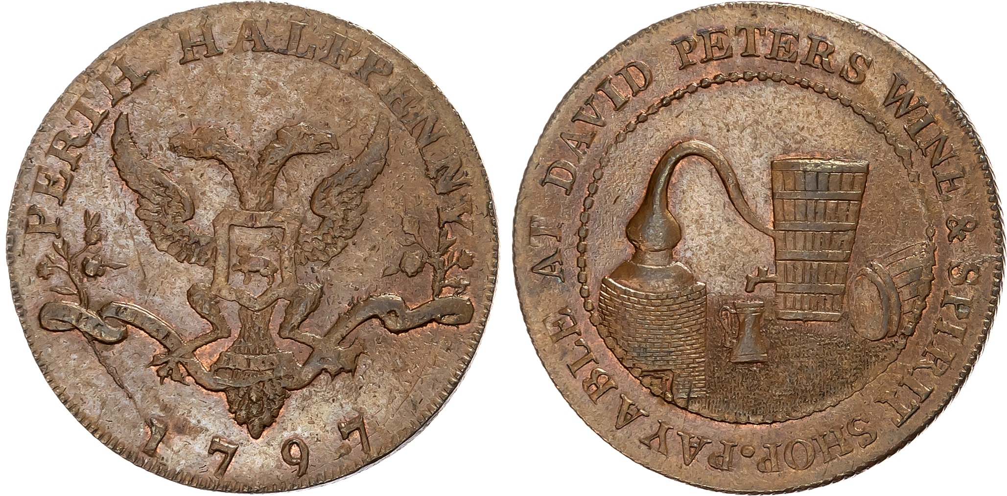 Perth. Perth, David Peter (wine and spirit dealer) Halfpenny 1797, a spirit still, tappit hen, tub and barrel rev. town …