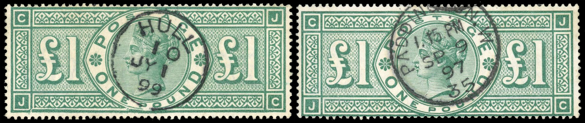 GB 1887-92 £1 green, Plates 2 & 3 (JC), frame broken and unbroken variety used, SG 212a, var