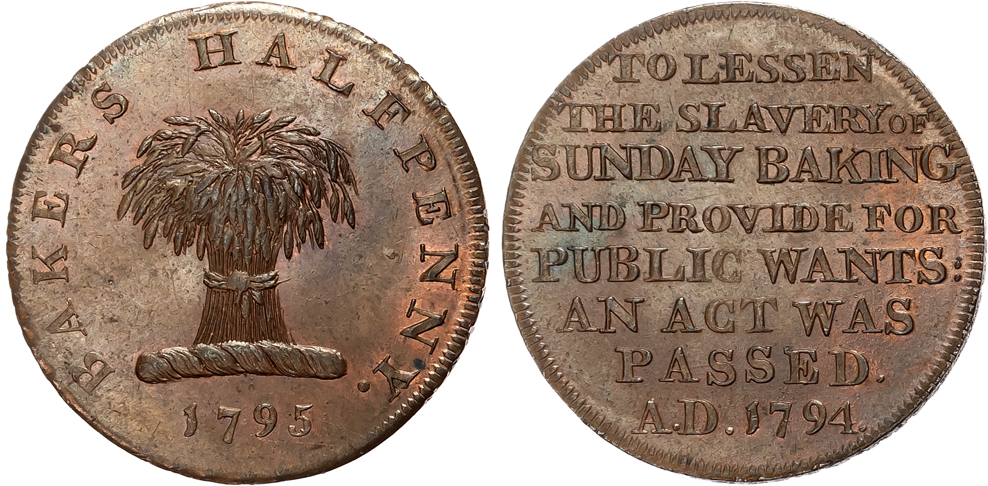 London , Tottenham Court Road , Jonathan Dennis (baker) Halfpenny 1794, Wheatsheaf crest, rev. Eight-line legend re, Act …