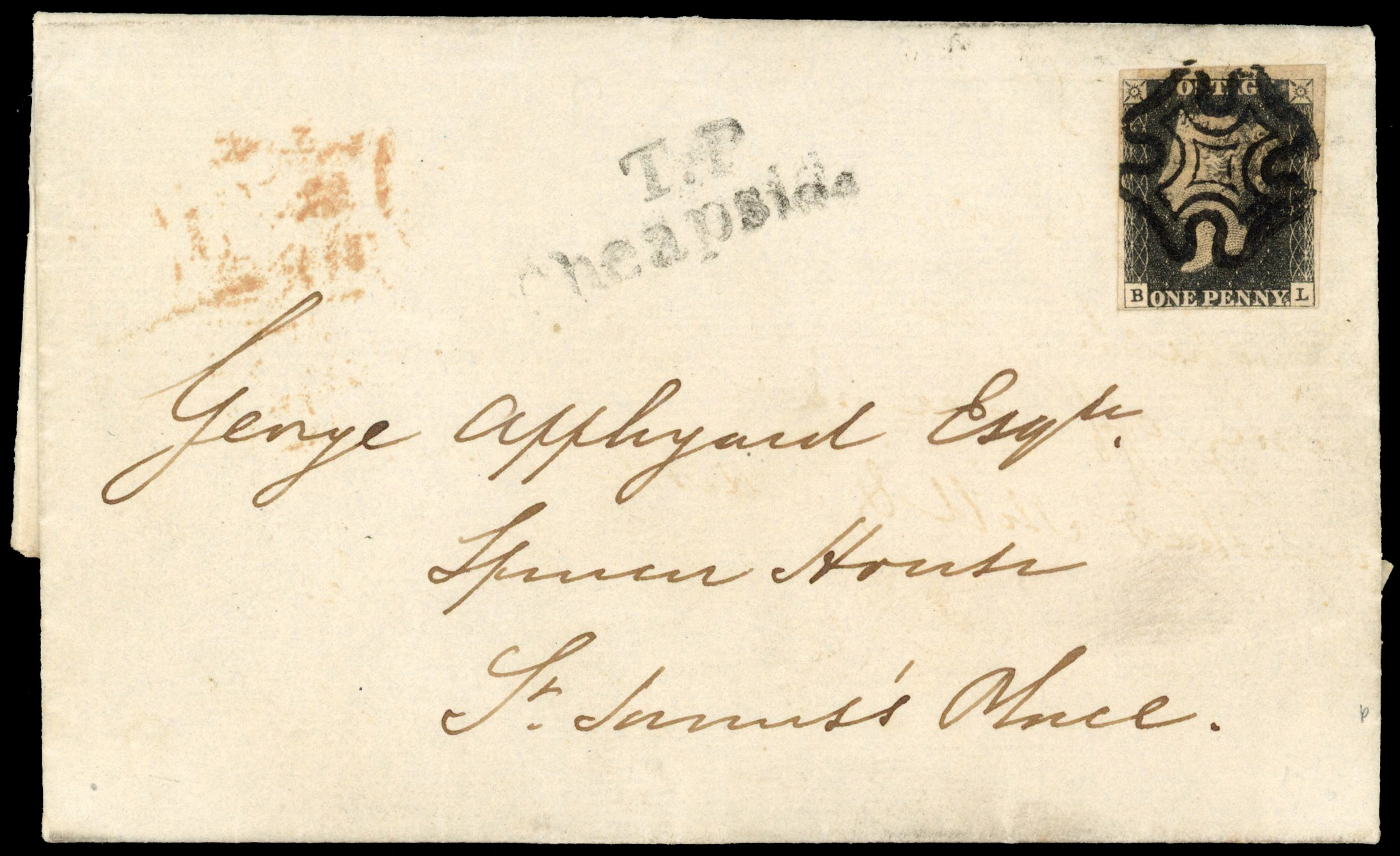 1841 1d black entire letter, with experimental black MC