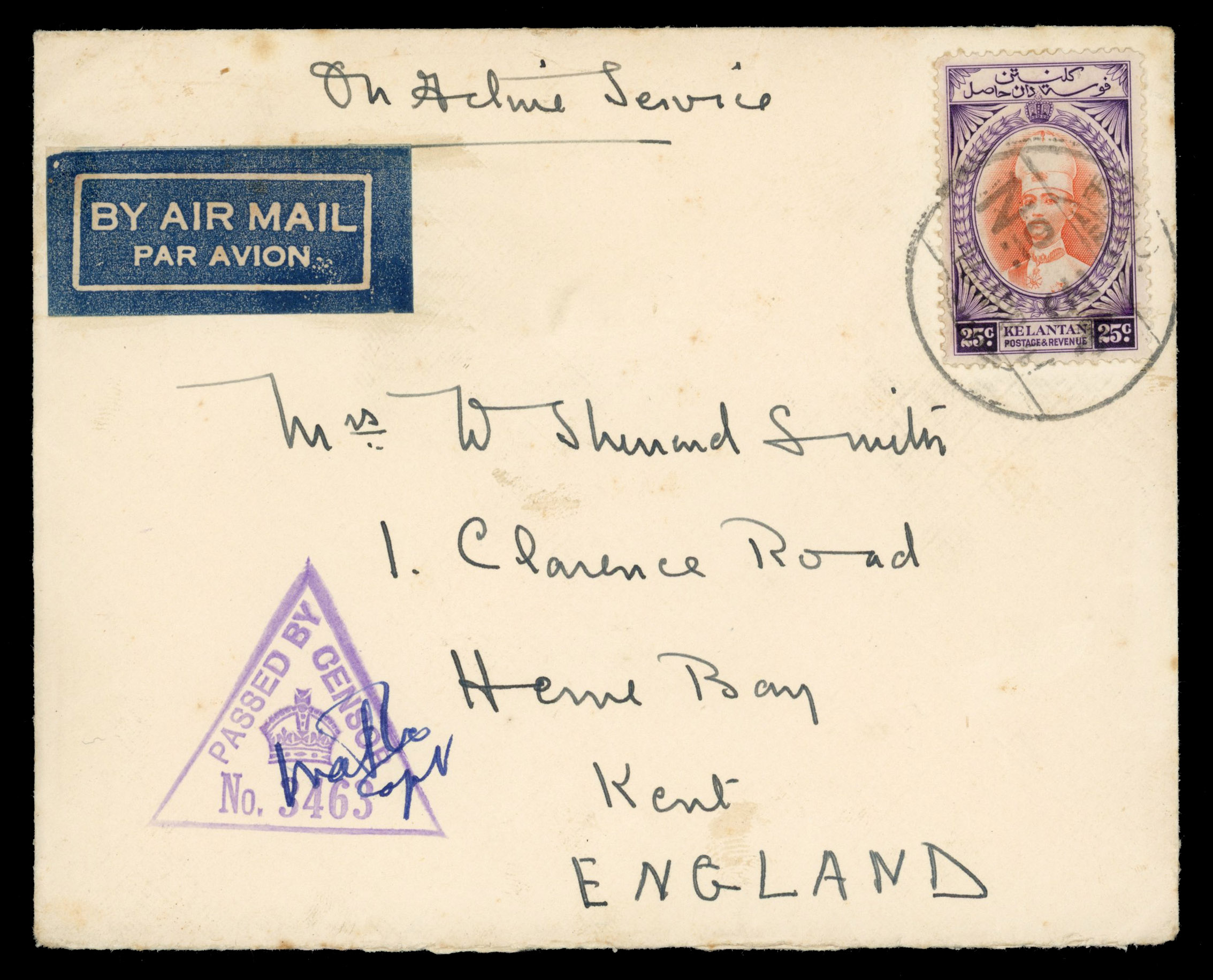 Malaya - Kelantan 1941 ‘On Active Service’ to England franked with 25c violet and scarlet tied by ‘F.P.O./No 34' datestamp