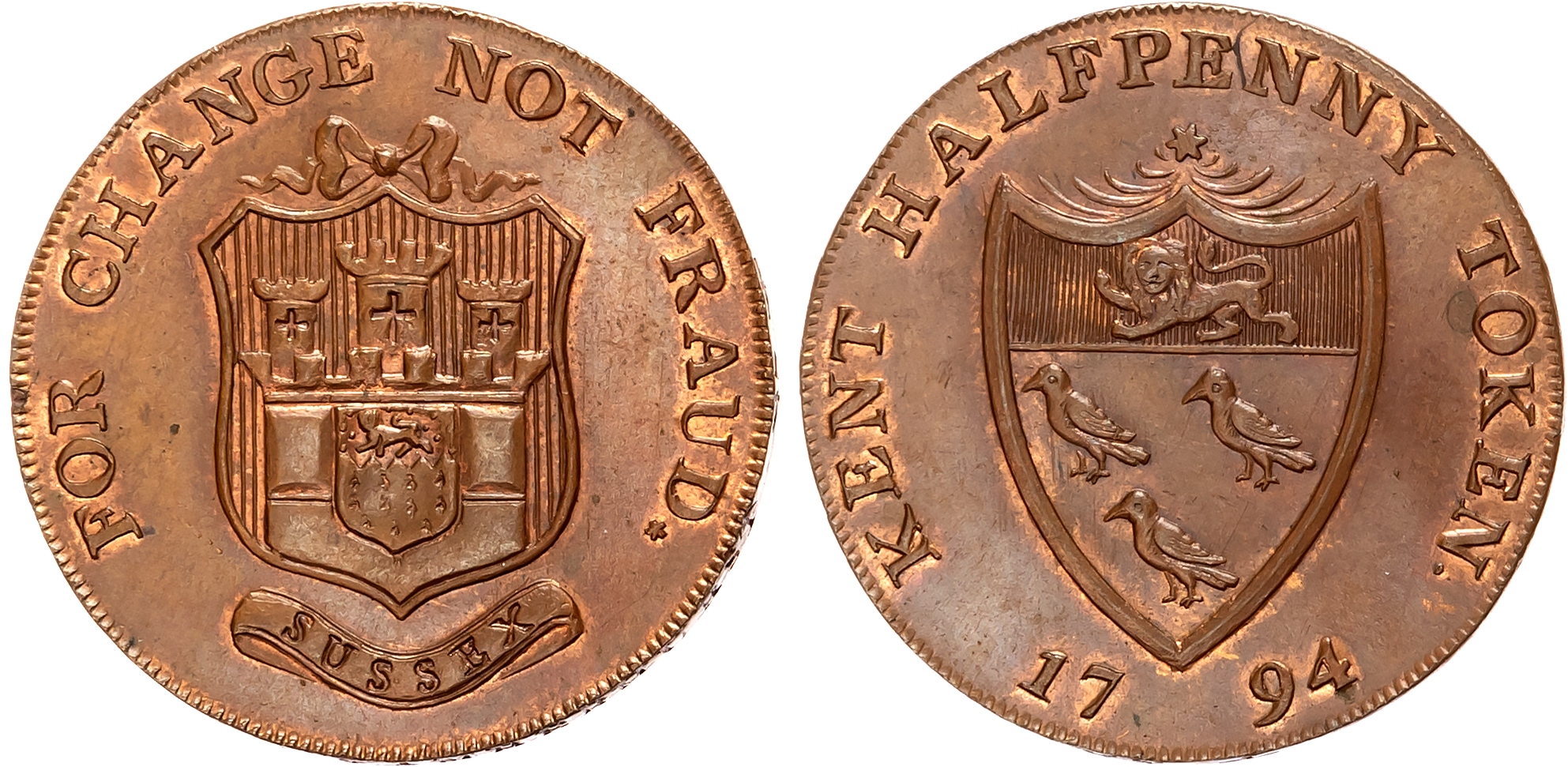 Kent , Lamberhurst , John Gibbs (grocer) Halfpenny 1794, Arms of Canterbury, rev. Arms of hichester, edge PAYABLE BY I. …