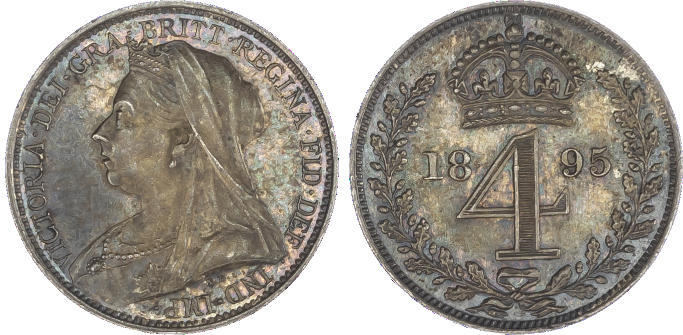 Victoria (1837-1901), Maundy set, 1895, Four, Three, Two and One Penny, each with old head bust left, T.B below truncation