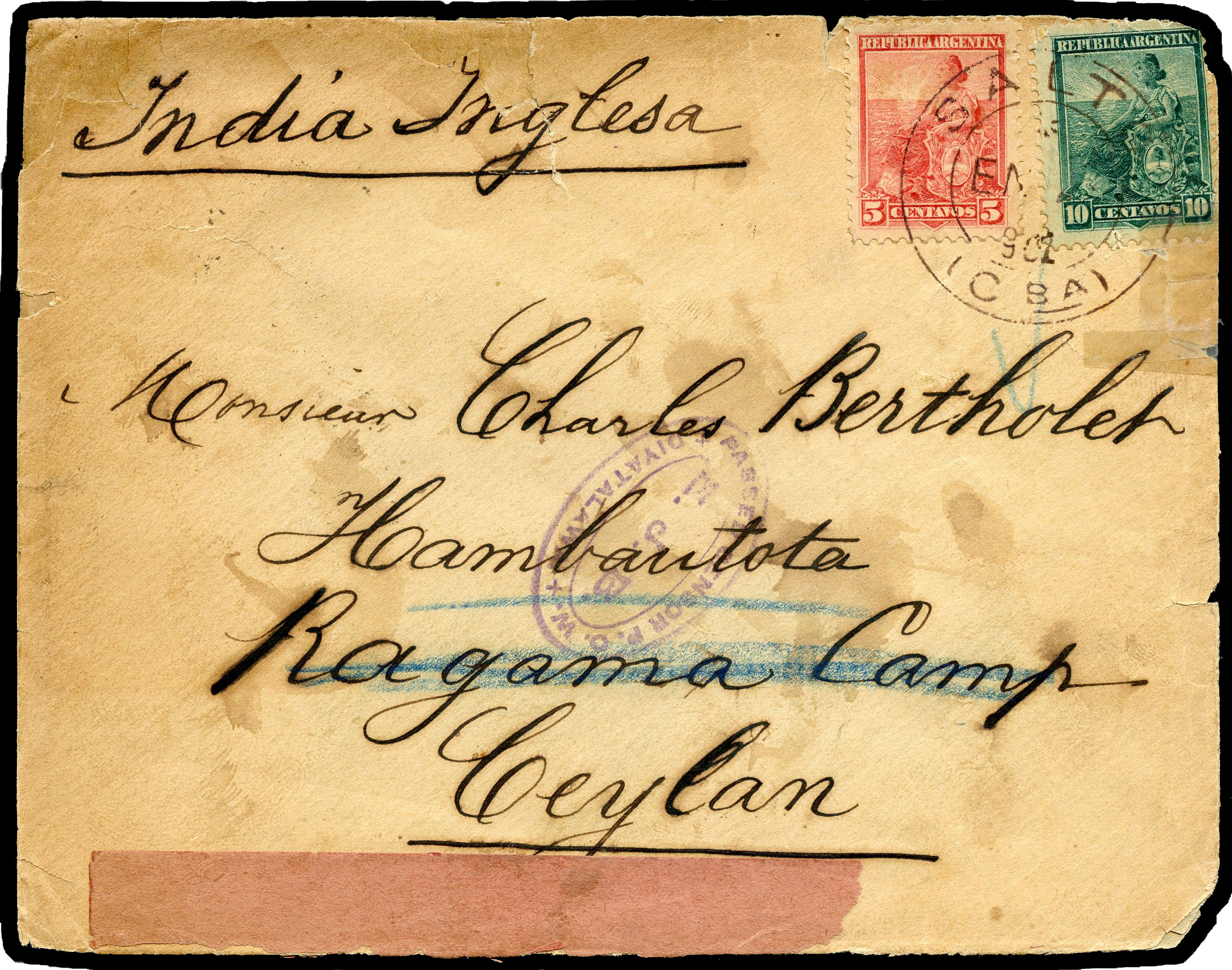 Ceylon Boer War cover to POW camp from Argentina 