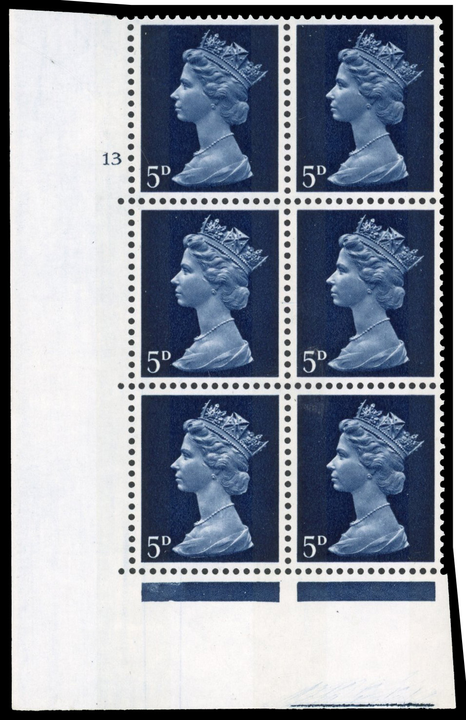 GB 1967-70 5d deep blue, two phosphor bands, cylinder 13 dot, unmounted mint