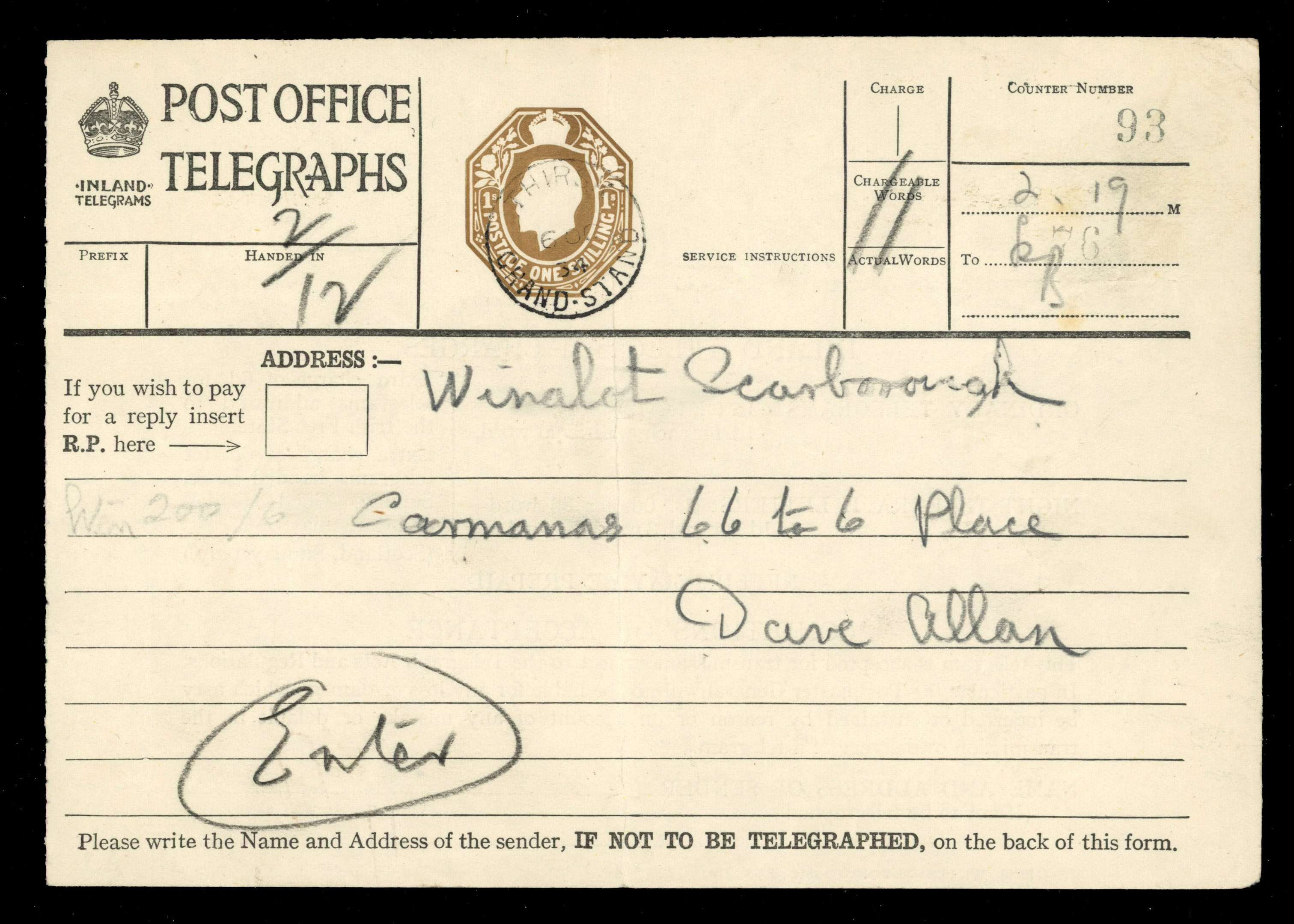 GB TELEGRAPHS: 1934 1s (type 40) A1 form (TP23e) printed by HM Stationery Office Press with ‘Hw’ imprint on reverse tied
