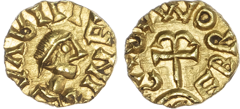Merovingian Francia, Orléans (620-650), National Series, Imported Gold, Tremissis, moneyer Ebromarus.
