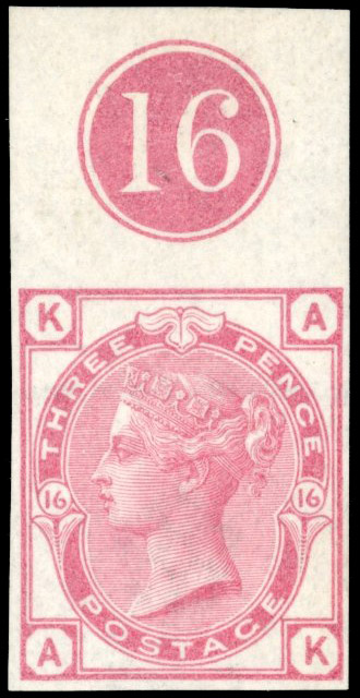 Great Britain 1873-80 3d Rose Pl.16 imperforate imprimatur. SG 143var