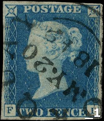 GB: 1840 2d blue plate 1 (FI) four margins, cancelled by large part Torquay cds ‘MY.20.1842’ 
