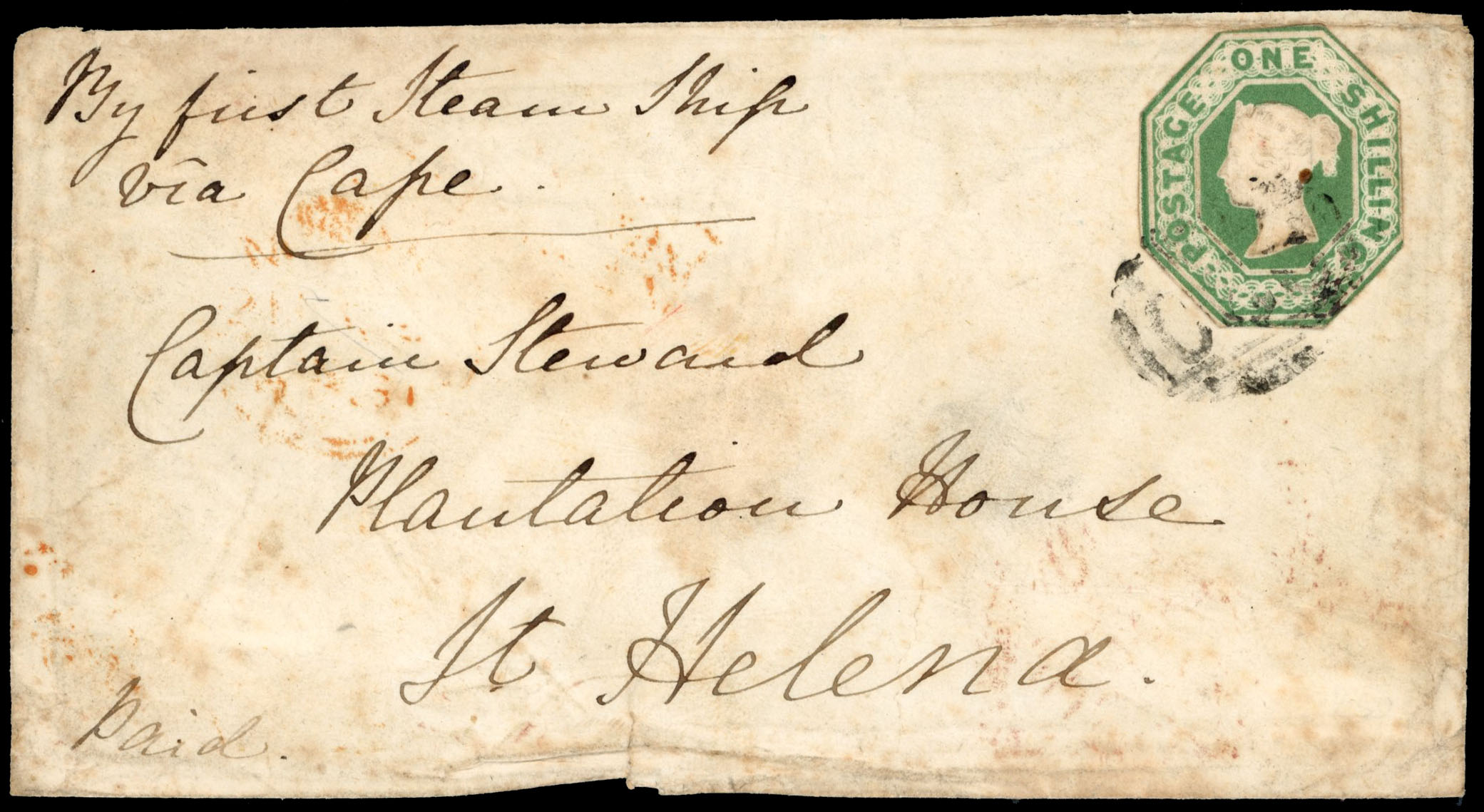 St Helena incoming cover from GB addressed to Captain Steward Plantation House