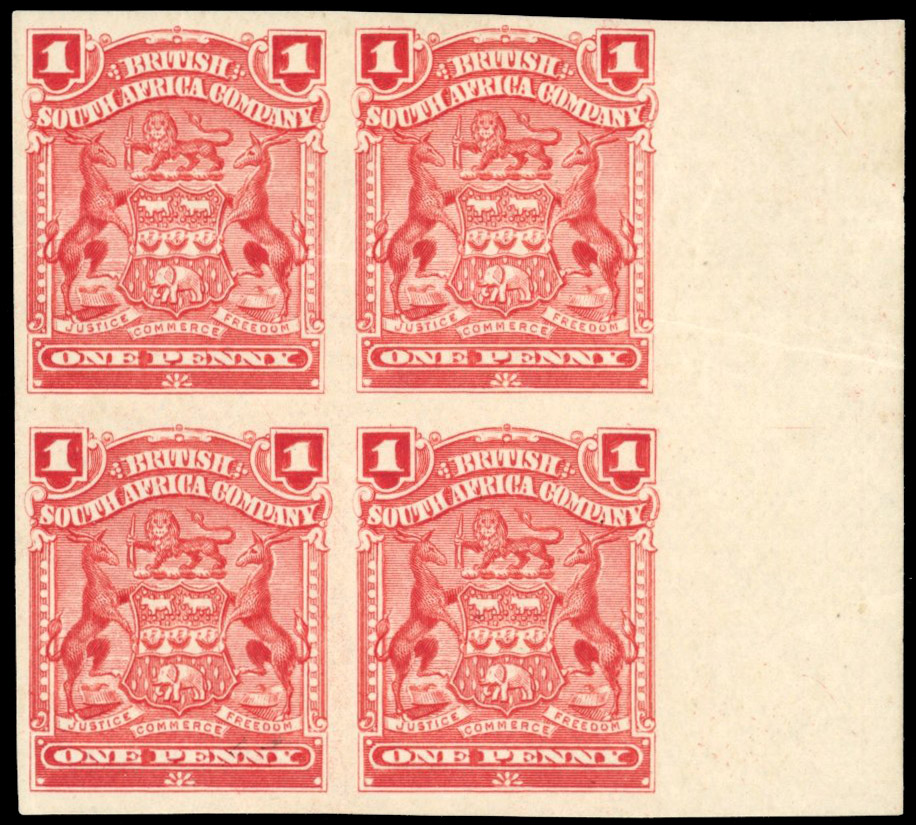Rhodesia: 1898-1908 1d rose mint imperforate right marginal block of four. SG 78b