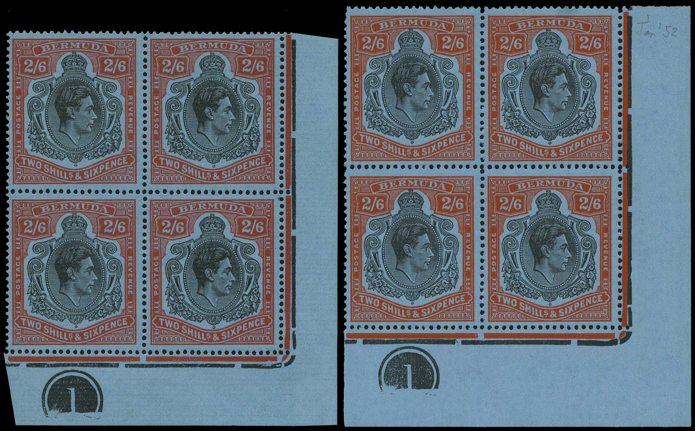 1948 (Jun.) 2/6d perf 14 o.g. Plate block of...