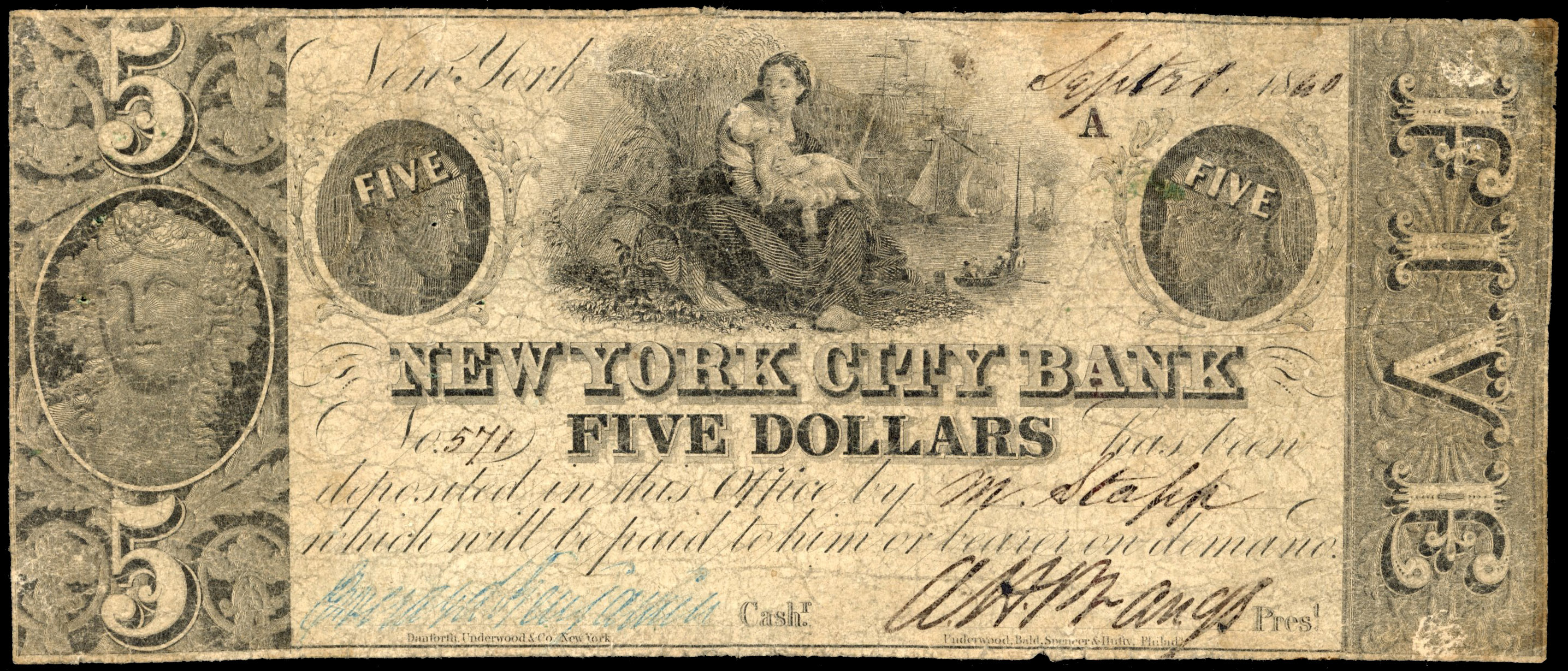 USA, NY. New York, New York City Bank, Uniface Five Dollars, 1 Sep. 1840. About Fine, several pin holes but so…