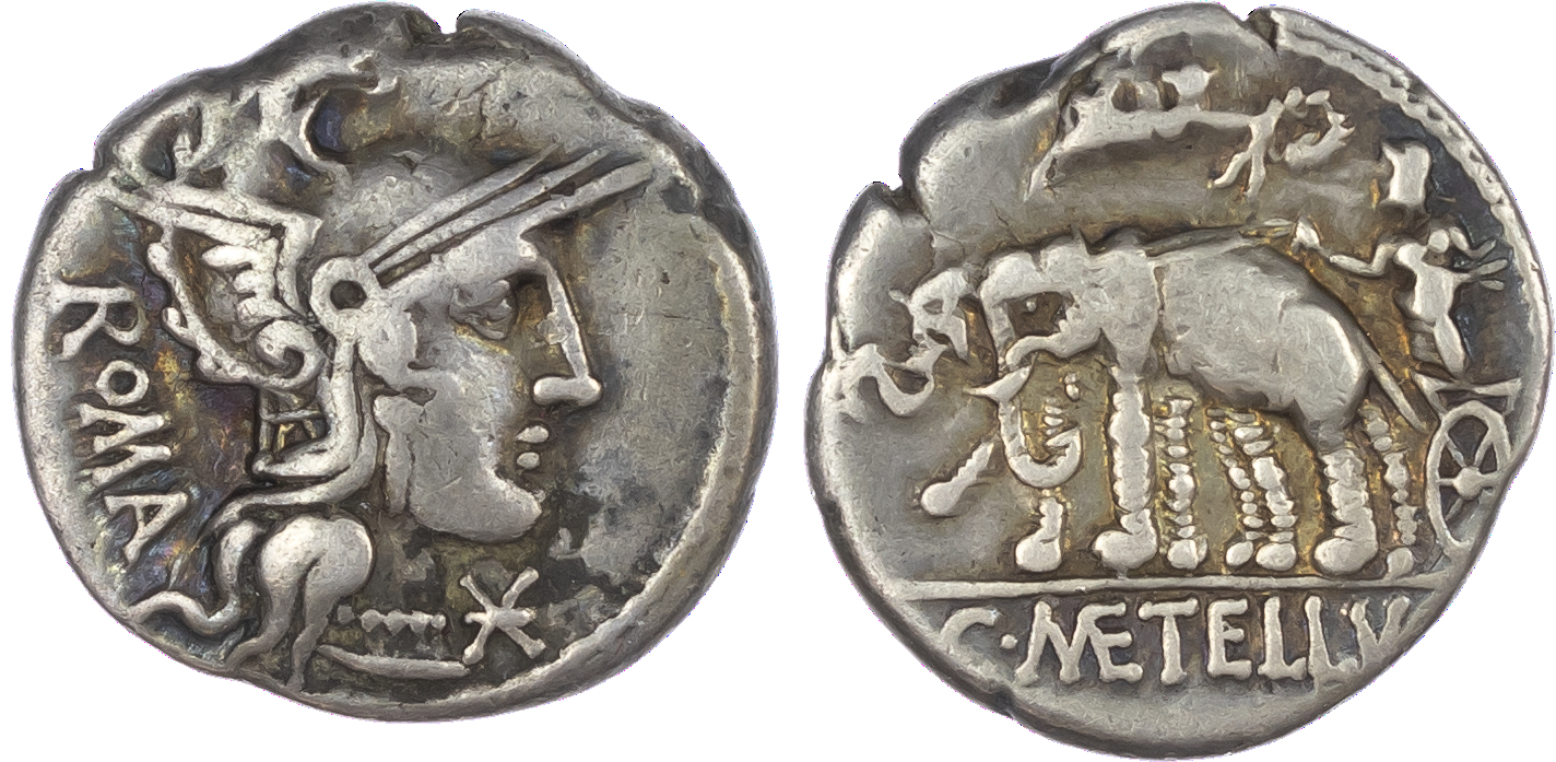 C. Caecilius Metellus Caprarius (125 BC) AR Denarius, Rome, 3.85g. ROMA, helmeted head of Roma facing right, mark of value