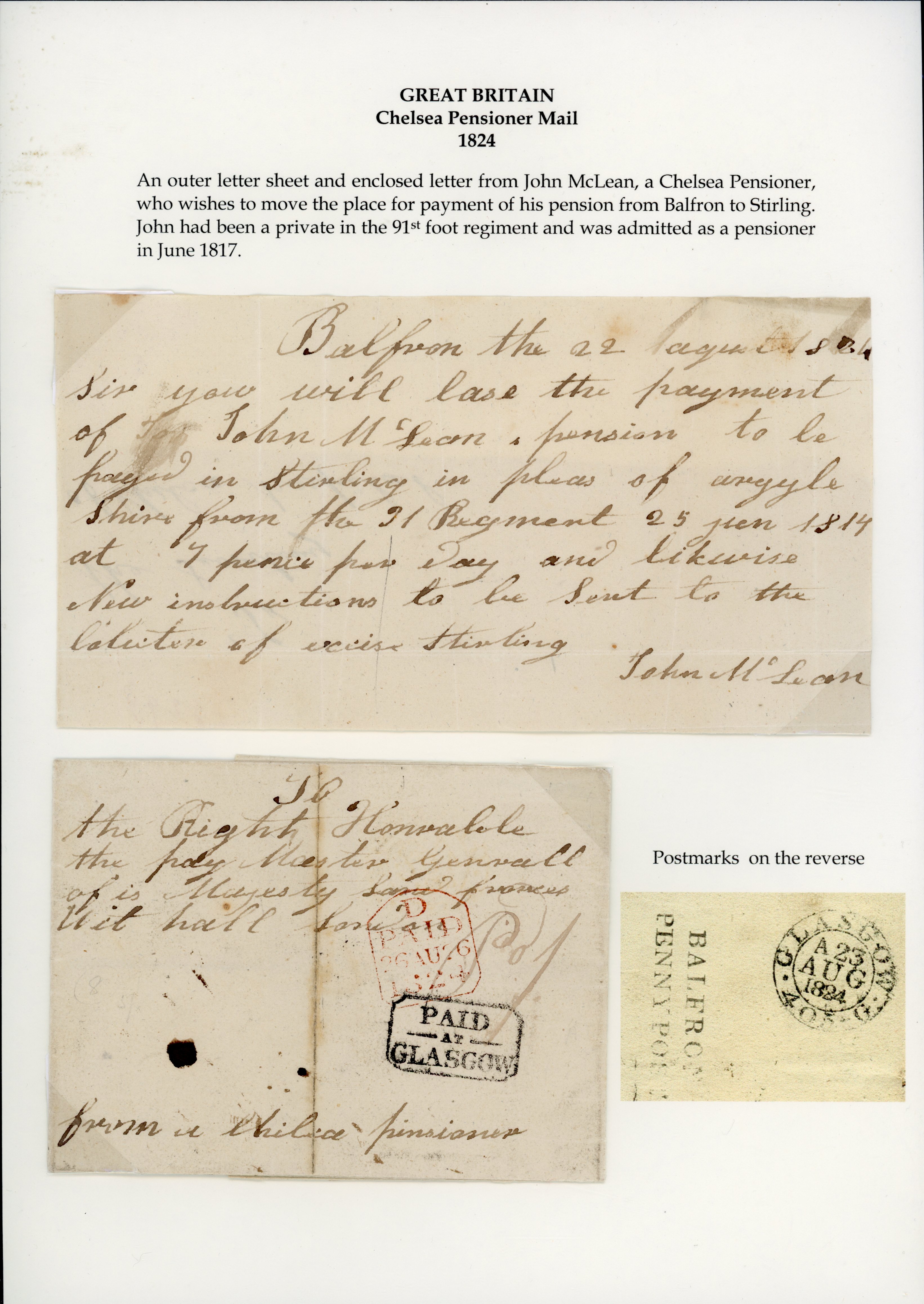 GB Postal History. Chelsea Pensioner mail 1824-56 written-up selection of mainly pre-stamp mail